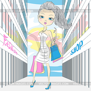 Beautiful fashionable girl shopping - vector image