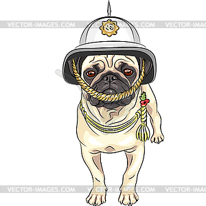 Funny cartoon dog pug in British helmet - vector clipart