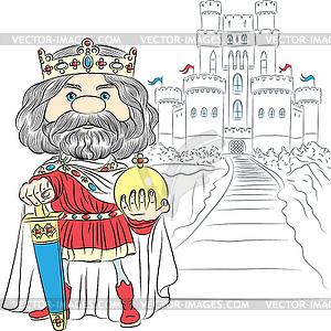 Cartoon King Charles First in crown, with swo - vector image