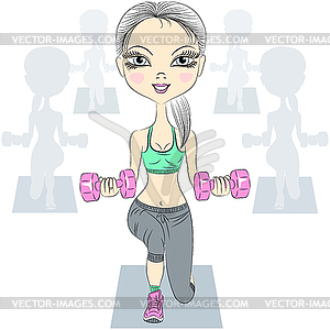 Fitness girls lifting dumbbells in gym - vector image