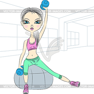 Fitness girls lifting dumbbells in gym - vector clip art