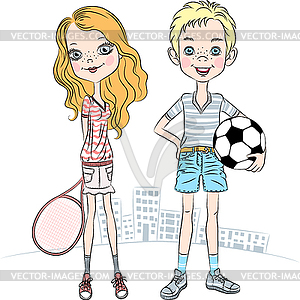 Девушка с теннисные ракетки и спорта Мальчик с футбольным - изображение в векторном виде