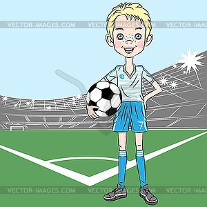 Young football player on football field - vector image