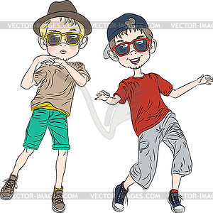 Funny hipster boys dancing - vector image