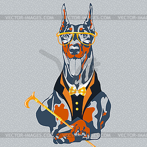 Funny cartoon hipster dog Doberman Pinscher breed - vector clipart / vector image