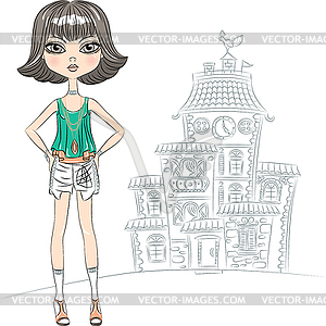 Hipster fashion girl top model in city - vector clip art