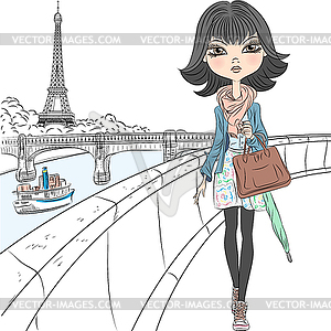 Beautiful fashion girl in Paris - vector clip art