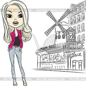 Lovely fashion girl near Moulin Rouge in Paris - vector image