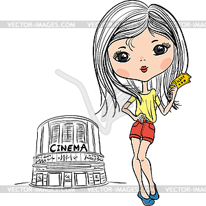 Fashion cute girl with cinema ticket - vector clip art