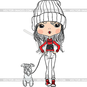 Hipster cute girl with dog and camera - vector image