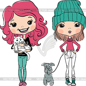 Hipster fashion cute girl wit pets - vector image