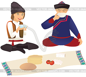 Moldovan and Kazakh over lunch - vector clip art