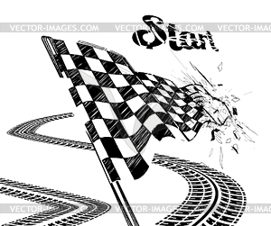 Drawing checkered flag with tire track - vector clipart / vector image