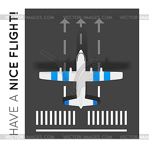 Plane on runway at airport. Top view - vector image