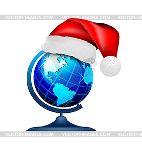 Globe on stand in hat of santa claus, - royalty-free vector clipart