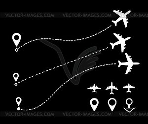 Airplane line path travel line icon set - stock vector clipart