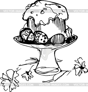 Easter cake with eggs and flowers in vase - vector image