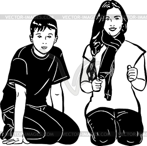 Boy and girl sitting next - white & black vector clipart