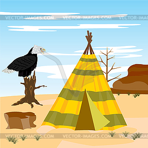 Wigwam in desert - color vector clipart