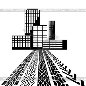 Set of detailed tire prints, leading to building. - vector clipart