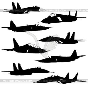 Collection of different combat aircraft silhouettes - vector clip art