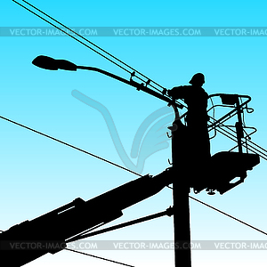 Electrician, making repairs at power pole - royalty-free vector image