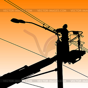 Electrician, making repairs at power pole - vector clip art