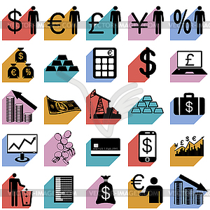 Collection flat icons with long shadow. Finance - vector image