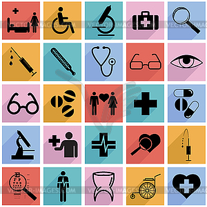 Collection flat icons with long shadow. Medicine - vector image