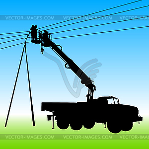 Electrician, making repairs at power pole - vector clipart