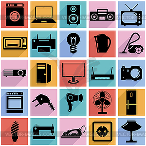 Collection flat icons with long shadow. Electrical - vector clip art