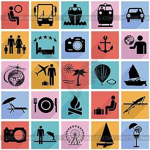 Collection flat icons with long shadow. Travel - vector clip art