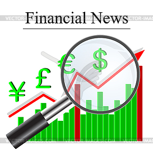 Growth histogram finances behind magnifying glass, - vector clipart