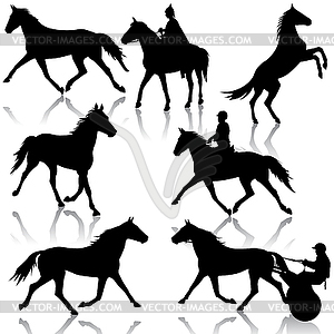 Set silhouette of horse and jockey - vector image