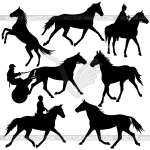 Set silhouette of horse and jockey - vector clipart