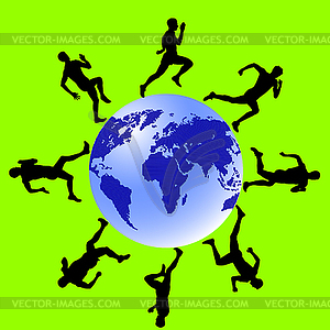 Silhouettes, athletes run around globe.  - vector clipart