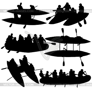 Silhouette collection people rafters on boats, - vector image