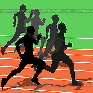 Silhouettes, athletes running in stadium. - royalty-free vector clipart