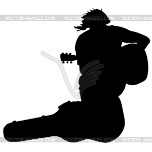 Silhouette musician guitar player sitting on case. - vector image