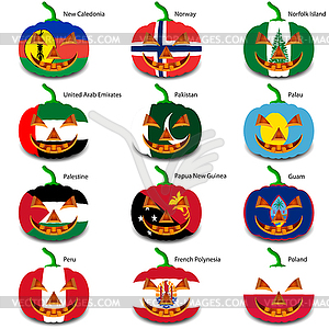 Set pumpkins for Halloween as flags of world. illus - vector image