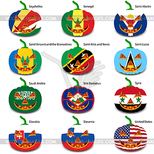 Set pumpkins for Halloween as flags of world. illus - vector clip art