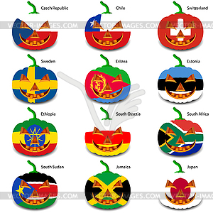 Set pumpkins for Halloween as flags of world. illus - vector clip art