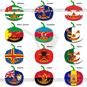 Set pumpkins for Halloween as flags of world. illus - royalty-free vector image