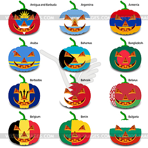 Set pumpkins for Halloween as flags of world. illus - vector clip art