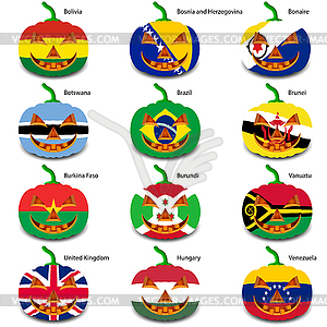 Set pumpkins for Halloween as flags of world. illus - vector clipart