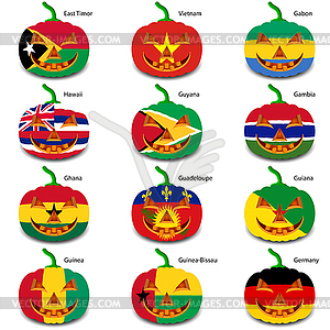 Set pumpkins for Halloween as flags of world. illus - vector image