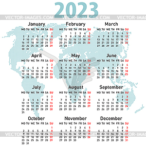 Календарь на 2023 год с картой мира. Неделя начинается в понедельник - изображение в векторе / векторный клипарт
