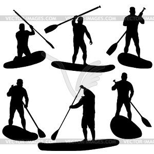 Set silhouette of Sport sup boat and oars - vector clip art
