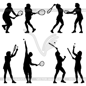 Black set silhouette of female badminton player - vector image