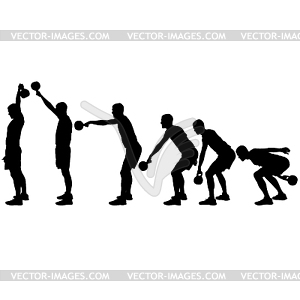 Set silhouette muscular man holding kettle bell - vector image